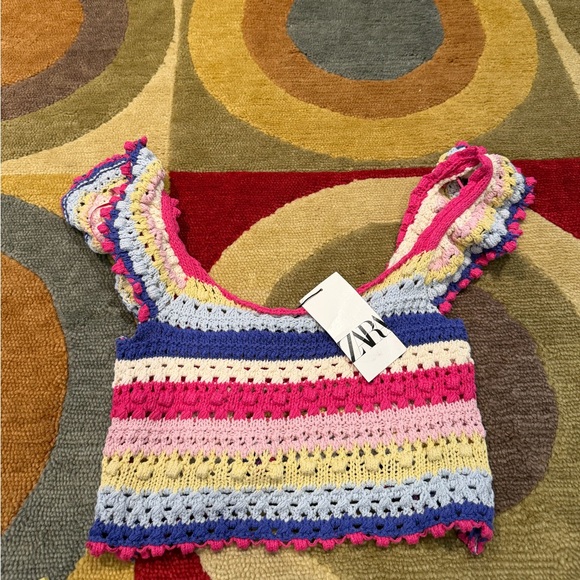 Zara Sweaters - NWT Zara Women Crochet Ruffle Sleeve Colorful Stripe Crop Top Bohemian Medium